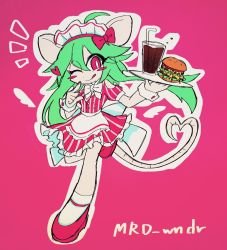 Rule 34 | 1girl, animal ears, blush stickers, breasts, burger, cola, dress, green hair, heart, heart tail, highres, mad rat dead, mouse (animal), mouse ears, mouse girl, mouse tail, nippon ichi, rat god, red eyes, tail, tie clip, waitress, waitress uniform, wings, wrist cuffs