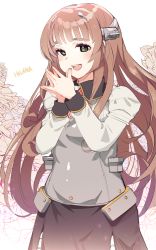 Rule 34 | 1girl, absurdres, black skirt, blush, breasts, brown hair, character name, dongsa wonhyong, flower, green eyes, headgear, helena (kancolle), highres, kantai collection, long hair, long sleeves, military, military uniform, open mouth, own hands together, rose, skirt, small breasts, solo, teeth, uniform, upper teeth only, white background