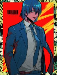 Rule 34 | 1boy, amputee, barcode, blue hair, blue jacket, blue necktie, chainsaw man, character name, collared shirt, drgryu750, formal, hair down, hayakawa aki, highres, jacket, male focus, necktie, outside border, shirt, short hair, solo, suit, suit jacket, white shirt