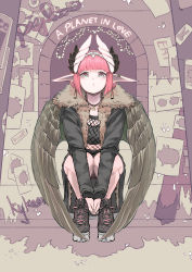 Rule 34 | 1girl, absurdres, black choker, black footwear, black jacket, blunt bangs, breasts, choker, circe (fate), cleavage, closed mouth, collarbone, daydremec, earrings, english text, eyelashes, fate/grand order, fate (series), feathered wings, fingernails, fishnets, fur-trimmed jacket, fur trim, glowing, green eyes, head wings, highres, jacket, jewelry, light bulb, looking at viewer, multicolored eyes, open clothes, open jacket, paper, pig, pink hair, pointy ears, red eyes, shoes, short hair, sign, sleeves past wrists, sneakers, solo, squatting, tiara, torn, torn clothes, torn jacket, wings