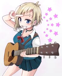 Rule 34 | 1girl, :d, acoustic guitar, bad id, bad pixiv id, blonde hair, blue eyes, blush, choker, earrings, eyebrow piercing, fang, foreshortening, grin, guitar, highres, instrument, jessica (roku kyuu), jewelry, looking at viewer, open mouth, original, piercing, pleated skirt, ribbon, roku kyuu, school uniform, short hair, simple background, skirt, smile, solo, star (symbol), sweater vest, v, white background