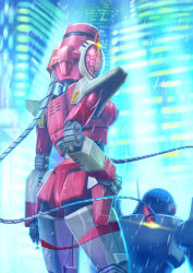 Rule 34 | 1boy, 1girl, ass, blader, breasts, building, cable, city lights, cityscape, cyberpunk, hand on own hip, highres, lens flare, looking back, mecha, mercy rabbit, night, rain, realistic, robot, scanny, science fiction, signature, techno police 21c, technoid, water