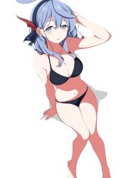 Rule 34 | 1girl, ako (blue archive), arm behind head, bare shoulders, bikini, black bikini, blue archive, blue eyes, blue hair, blush, breasts, cleavage, collarbone, commentary request, earrings, hair between eyes, highres, invisible chair, jewelry, kusana (kusana47454281), large breasts, long hair, looking at viewer, navel, parted lips, simple background, sitting, solo, stomach, stud earrings, sweatdrop, swimsuit, white background