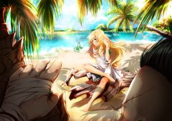 Rule 34 | 1boy, 1girl, adjusting hair, bandages, barefoot, beach, black hair, blonde hair, blue eyes, cherry in the sun, day, dress, far cry, far cry 3, feet, freckles, legs, light rays, long hair, nature, outdoors, palm tree, sand, scar, sitting, sky, smile, sunbeam, sunlight, toes, tree, vaas montenegro, water, white dress, wind