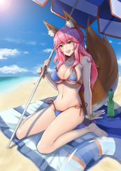 Rule 34 | 10s, 1girl, absurdres, animal ears, beach, bikini, blue bikini, blush, breasts, cleavage, day, fang, fate/extra, fate/grand order, fate (series), fox ears, fox tail, groin, highres, innertube, large breasts, long hair, looking at viewer, navel, ocean, open mouth, outdoors, parasol, pink hair, sitting, solo, swim ring, swimsuit, tail, tamamo (fate), tamamo no mae (fate/extra), tamamo no mae (swimsuit lancer) (fate), umbrella, wariza, yellow eyes