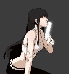 Rule 34 | 1girl, black hair, black pants, bra, earrings, finger on trigger, glowing, glowing weapon, gogalking, grey background, gun, hand up, handgun, highres, holding, holding gun, holding weapon, hoop earrings, jewelry, leaning forward, long hair, looking at viewer, original, pants, parted lips, profile, red eyes, revolver, simple background, sitting, solo, underwear, weapon, white bra