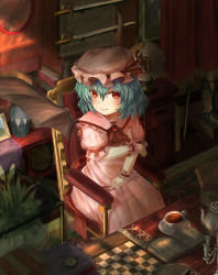 Rule 34 | 1girl, absurdres, arm across chest, armor, ascot, bat wings, blouse, blue hair, blurry, book, bookshelf, brooch, cabinet, candle, candlestand, chair, chess piece, chessboard, commentary request, cup, curtains, depth of field, desk, ekaapetto, expressionless, from above, globe, greaves, hair between eyes, hand on lap, hat, highres, indoors, jewelry, light particles, looking at viewer, mirror, mixed-language commentary, mob cap, open book, picture frame, pink shirt, pink skirt, placemat, plant, potted plant, puffy short sleeves, puffy sleeves, red ascot, red eyes, remilia scarlet, rug, saucer, shelf, shirt, short hair, short sleeves, skirt, skirt set, slit pupils, solo, stopwatch, sunlight, sword, teacup, teapot, touhou, vase, watch, weapon, wings, wrist cuffs