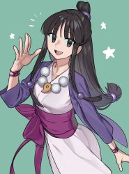 Rule 34 | 1girl, absurdres, ace attorney, bad id, bad twitter id, black eyes, black hair, commission, female focus, green background, hand up, highres, japanese clothes, jewelry, kimono, long hair, matching hair/eyes, maya fey, necklace, nia (nia4294), obi, open mouth, pink kimono, purple sash, sash, simple background, smile, solo, star (symbol), upper body