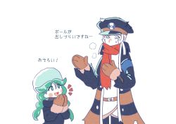 Rule 34 | 1boy, 1girl, :d, a (b286rhvn), bad id, bad pixiv id, belt, black jacket, blush stickers, braid, brown belt, brown mittens, coat, commentary request, creatures (company), fur hat, fur trim, game freak, green eyes, green hair, green headwear, hair between eyes, hat, ingo (pokemon), jacket, long hair, long sleeves, mittens, nintendo, notice lines, open mouth, pokemon, pokemon legends: arceus, sabi (pokemon), scarf, simple background, smile, striped, striped coat, tongue, torn clothes, torn coat, translation request, twin braids, twintails, white background