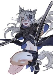 Rule 34 | 1girl, :d, animal ears, arknights, dual wielding, fangs, fingerless gloves, gloves, high heels, highres, holding, holding sword, holding weapon, jacket, lappland (arknights), long hair, looking at viewer, material growth, navel, open mouth, oripathy lesion (arknights), shorts, silver hair, simple background, smile, solo, sword, tail, teeth, towtow redoland, weapon, white background, white eyes, white gloves