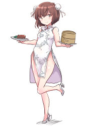 Rule 34 | 1girl, bamboo steamer, breasts, brown eyes, brown hair, bun cover, china dress, chinese clothes, double bun, dress, food, fuji (pixiv24804665), full body, hair bun, high heels, highres, kantai collection, leaf print, meat, plate, rudder footwear, short hair, side slit, simple background, small breasts, solo, standing, standing on one leg, tan yang (kancolle), white background, white dress, yukikaze (kancolle)