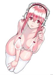 Rule 34 | 1girl, aka shiro kiiro, bad id, bad twitter id, bare shoulders, bent over, bikini, blush, bow, bow bikini, breasts, cleavage, collarbone, commentary request, covered erect nipples, cowboy shot, fingernails, hair between eyes, halterneck, hand on lap, headphones, highres, large breasts, leaning forward, legs together, lips, long fingernails, long hair, looking at viewer, nail polish, nitroplus, parted lips, pink eyes, pink hair, pink lips, pink nails, pulled by self, red bikini, shiny skin, sidelocks, simple background, skindentation, solo, standing, strap gap, strap pull, super sonico, swimsuit, thighhighs, thighs, white background, white bikini