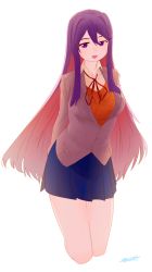 Rule 34 | 1girl, :d, absurdres, arms behind back, blue skirt, collared shirt, colored inner hair, doki doki literature club, grey jacket, hair between eyes, hair ornament, hairclip, highres, jacket, kneeling, long hair, looking at viewer, miniskirt, multicolored hair, neck ribbon, open mouth, orange vest, pleated skirt, purple eyes, purple hair, red hair, red ribbon, ribbon, ryusei hashida, shirt, signature, simple background, skirt, smile, solo, very long hair, vest, white background, white shirt, wing collar, yuri (doki doki literature club)