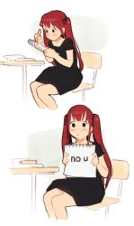 Rule 34 | 1girl, absurdres, black dress, black ribbon, chair, commentary, commission, cropped legs, desk, dress, english commentary, english text, female focus, hair ribbon, highres, holding, holding notepad, long hair, looking at viewer, luimiart, meme, no u, notepad, original, pencil, puckered lips, red hair, ribbon, school chair, school desk, short sleeves, simple background, sitting, sketch, twintails, white background, writing