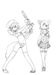 Rule 34 | 2girls, boots, camel (dansen), chainsaw, female focus, gun, hat, midriff, milia, monochrome, multiple girls, navel, sachiho, skirt, tail, thigh boots, thighhighs, weapon