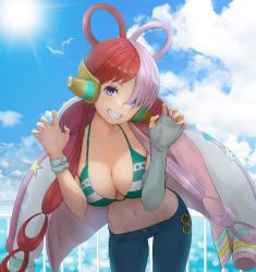Rule 34 | 1girl, absurdres, asymmetrical sleeves, bent over, bikini, bikini top only, bird, blue eyes, blue pants, blue sky, breasts, cardigan, cleavage, cloud, collarbone, commentary, cosplay, cowboy shot, day, detached sleeves, green bikini, grey sleeves, grin, groin, hair over one eye, highres, hooded cardigan, large breasts, lens flare, long hair, looking at viewer, lowleg, lowleg pants, midriff, multicolored hair, nami (one piece), nami (one piece) (cosplay), navel, one piece, open cardigan, open clothes, outdoors, pants, pink cardigan, pink hair, red hair, sasasa r 23, single sleeve, sky, smile, solo, standing, stomach, sun, swimsuit, twintails, two-tone hair, uta (one piece), very long hair