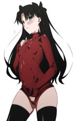 Rule 34 | 1girl, black hair, black thighhighs, blush, breasts, collarbone, covered erect nipples, covered navel, cowboy shot, fate/stay night, fate (series), green eyes, hair ribbon, hand on own chest, highres, impossible clothes, impossible shirt, long hair, niko (tama), no panties, ribbon, shirt, shirt tug, simple background, skin tight, sleeves past wrists, small breasts, solo, thighhighs, tohsaka rin, white background