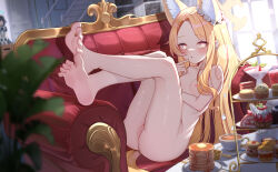 Rule 34 | 2girls, :o, absurdres, animal ears, aris (blue archive), aris (maid) (blue archive), ass, backlighting, bare shoulders, blonde hair, blue archive, blush, breasts, bright pupils, cleft of venus, commentary, cup, english commentary, feet, finger to mouth, food, forehead, fox ears, gradient eyes, halo, highres, indoors, legs up, leimimomomo, long hair, looking at viewer, multicolored eyes, multiple girls, nipples, nude, orange eyes, pancake, pancake stack, parted bangs, plant, potted plant, pussy, reclining, saucer, seia (blue archive), small breasts, soles, solo focus, spread toes, sweets, tail, tart (food), tea, teacup, thighs, tiered tray, toes, uncensored, very long hair, white pupils, window, yellow eyes