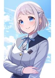 Rule 34 | 1girl, blue eyes, blue jacket, blue ribbon, blue skirt, blue sky, blush, border, closed mouth, day, dot nose, gakuen idolmaster, grey hair, hair ribbon, half up braid, hatsuboshi gakuen school uniform, idolmaster, jacket, katsuragi lilja, long sleeves, looking at viewer, neck ribbon, outside border, ribbon, ribbon braid, sakura ran, school uniform, shirt, short hair, skirt, sky, smile, solo, upper body, white border, white shirt