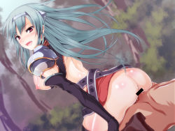 Rule 34 | 1girl, alber, aqua hair, ass, back, bad id, bad pixiv id, blush, breasts, breasts out, censored, elbow gloves, fantasy, gloves, green hair, hairband, headgear, hetero, large breasts, long hair, looking at viewer, looking back, nipples, open mouth, original, penis, purple eyes, red eyes, reverse cowgirl position, sex, sex from behind, shoulder pads, sideboob, smile, straddling, thighhighs, vaginal