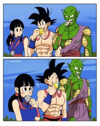 Rule 34 | 1girl, 2boys, abs, after fight, amartbee, blush, chi-chi (dragon ball), couple, happy, highres, husband and wife, multiple boys, muscular, muscular male, nervous, nervous sweating, piccolo, scratches, smile, son goku, sweat, tagme, torn clothes