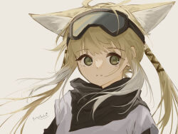 Rule 34 | 1girl, absurdres, ahoge, animal ear fluff, animal ears, arknights, blonde hair, closed mouth, fox ears, goggles, goggles on head, green eyes, grey background, highres, long hair, looking at viewer, motoha, multicolored hair, simple background, solo, suzuran (arknights), suzuran (lostlands flowering) (arknights), two-tone hair, upper body, white hair