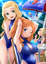 Rule 34 | 5girls, :d, ;), alternate costume, andou (girls und panzer), bc freedom (emblem), black hair, blonde hair, blue eyes, blue ribbon, blue one-piece swimsuit, cake, cleavage cutout, clothing cutout, commission, dark-skinned female, dark skin, diving board, drill hair, eating, emblem, food, girls und panzer, green eyes, hair ribbon, highres, holding, holding spoon, isabe (girls und panzer), kitayama miuki, long hair, looking at viewer, looking to the side, looking up, low-tied long hair, marie (girls und panzer), medium hair, multiple girls, one-piece swimsuit, one eye closed, open mouth, orange hair, oshida (girls und panzer), parasol, ribbon, sitting, skeb commission, smile, sofue (girls und panzer), spoon, swimsuit, teapot, twitter username, tying hair, umbrella, utensil in mouth