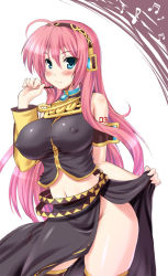 Rule 34 | 1girl, bare shoulders, belt, blue eyes, blush, breasts, covered erect nipples, kawase seiki, large breasts, long hair, long skirt, megurine luka, midriff, navel, no panties, pink hair, shirt, side slit, skirt, solo, taut clothes, taut shirt, thighhighs, thighs, vocaloid