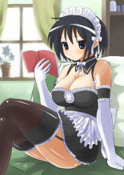 Rule 34 | 00s, 1girl, arm garter, arm support, artist request, bare shoulders, black hair, black thighhighs, blush, book, breasts, cleavage, couch, crossed legs, day, detached collar, dot nose, elbow gloves, feet out of frame, flower, flower pot, garter straps, gloves, green curtains, indoors, kore ga watashi no goshujin-sama, large breasts, maid, maid headdress, medium breasts, nakabayashi yoshitaka&#039;s maid uniform, no bra, on couch, open book, plant, potted plant, reading, sawatari izumi, sitting, solo, thighhighs, white gloves, window, zettai ryouiki