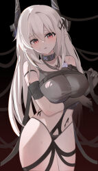 Rule 34 | 1girl, absurdres, arknights, arm under breasts, bare shoulders, black camisole, black gloves, black horns, black ribbon, breasts, camisole, chinese commentary, commentary request, cowboy shot, elbow gloves, gloves, grey hair, groin, hair between eyes, highres, horns, infection monitor (arknights), jewelry, large breasts, long hair, looking at viewer, material growth, micro panties, mudrock (arknights), mudrock (obsidian) (arknights), necklace, official alternate costume, oripathy lesion (arknights), panties, parted lips, pointy ears, red eyes, revealing clothes, ribbon, solo, standing, sweat, twilight (cgkk4357), underwear