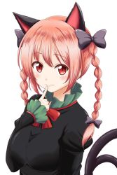 Rule 34 | 1girl, animal ears, black bow, black dress, blush, bow, braid, cat ears, cat tail, dress, finger to mouth, gesture, green dress, highres, kaenbyou rin, multiple tails, necktie, one-hour drawing challenge, red bow, red eyes, red hair, red necktie, reimei (r758120518), slit pupils, solo, tail, touhou, twin braids, two tails, white background