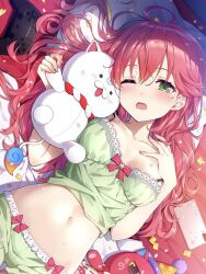 1girl ;o amagai_tarou blush breasts collarbone gameplay_mechanics green_eyes green_pants green_shirt holding holding_toy hololive hugging_object indoors long_hair looking_at_viewer lying medium_breasts navel on_back on_bed one_eye_closed pants red_hair sakura_miko shirt shirt_rolled_up sleepy solo toy upper_body very_long_hair