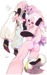 Rule 34 | 1boy, 1girl, absurdres, ahoge, android 21, anus, arm warmers, armpits, arms up, artist name, ass, baggy pants, bandeau, bangle, bare shoulders, black nails, black sclera, bracelet, breasts, brekkist, censored, cleavage, clothes pull, colored sclera, colored skin, dragon ball, dragon ball fighterz, earrings, erection, full body, half-closed eyes, harem pants, heart, high heels, highres, hoop earrings, jewelry, kid buu, large breasts, leg up, long hair, looking at viewer, looking back, majin android 21, majin buu, md5 mismatch, nail polish, open mouth, pants, pants around one leg, pants pull, penis, pink skin, pointless censoring, precum, pussy, pussy juice, red eyes, resolution mismatch, simple background, smile, source smaller, tail, tears, teeth, thought bubble, vambraces, very long hair, white background, white hair