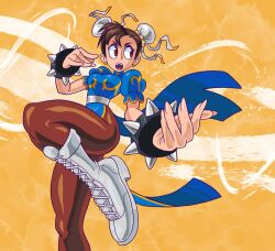 Rule 34 | 1girl, blue dress, boots, bracelet, breasts, brown eyes, brown hair, bun cover, capcom, china dress, chinese clothes, chun-li, double bun, dress, earrings, fighting stance, fingernails, hair bun, jewelry, knee up, leg up, looking to the side, open mouth, pantyhose, pelvic curtain, podrace explode, sash, short hair, solo, spiked bracelet, spikes, street fighter, street fighter ii (series), studded bracelet, thick thighs, thighs, unitard, white footwear, yellow background