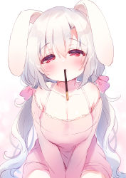 Rule 34 | 1girl, animal ears, bare shoulders, blush, bow, breasts, cleavage, closed mouth, collarbone, commentary request, food, food in mouth, hair between eyes, hair bow, half-closed eyes, highres, long hair, looking at viewer, low twintails, medium breasts, mouth hold, off-shoulder shirt, off shoulder, original, pink bow, pink shirt, pocky, rabbit ears, red eyes, shirt, silver hair, solo, twintails, usashiro mani, v arms, very long hair