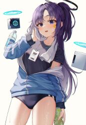 Rule 34 | 1girl, arm at side, black shirt, blue archive, blue buruma, blue jacket, blush, bottle, breasts, buruma, collarbone, contrapposto, cowboy shot, drone, floating, floating object, gluteal fold, gym uniform, hand up, highres, holding, holding bottle, holding towel, id card, jacket, lanyard, long hair, long sleeves, looking at viewer, medium breasts, off shoulder, official alternate costume, omul, open mouth, parted bangs, partially unzipped, purple eyes, purple hair, shirt, simple background, solo, star sticker, sticker on face, sweat, teeth, thighs, towel, towel around neck, track jacket, two side up, upper teeth only, water bottle, wet, white background, white towel, wiping sweat, yuuka (blue archive), yuuka (track) (blue archive)