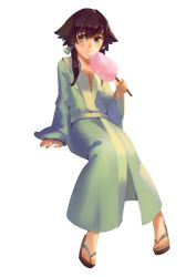 Rule 34 | 00s, 1boy, 3four, :t, cotton candy, full body, green eyes, green hair, green kimono, ion (tales), japanese clothes, kimono, male focus, matching hair/eyes, sandals, sitting, solo, tales of (series), tales of the abyss, toes, trap, white background, yukata