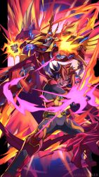 Rule 34 | 1boy, absurdres, artist name, blue eyes, blue hair, boots, commentary request, duel monster, fiery wings, fire, flame (yu-gi-oh! vrains), flaming hand, highres, homura takeru, open mouth, orange hair, red footwear, red scarf, salamangreat raging phoenix, scarf, soulburner, wings, yellow eyes, yu-gi-oh!, yu-gi-oh! vrains, zealmaker