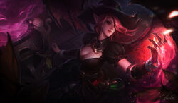 Rule 34 | 1girl, alex flores, armor, bewitching morgana, black dress, black hat, breasts, cat, claws, cleavage, commentary, dress, english commentary, frog, hair over one eye, hat, highres, jewelry, large breasts, league of legends, lips, long hair, magic, monster girl, morgana (league of legends), official art, open mouth, red hair, solo, white eyes, wings, witch, witch hat