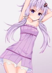 Rule 34 | 1girl, aatsu, arm behind head, armpits, arms up, bare arms, bare shoulders, blush, breasts, closed mouth, collarbone, commentary request, dress, dutch angle, grey background, hair ornament, long hair, looking at viewer, purple dress, purple eyes, purple hair, see-through, simple background, small breasts, smile, solo, strapless, strapless dress, voiceroid, yuzuki yukari