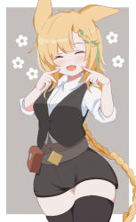 Rule 34 | 1girl, ^ ^, absurdres, animal ears, arknights, black shorts, black thighhighs, black vest, blonde hair, braid, closed eyes, collared shirt, commentary, dress shirt, facing viewer, fingers to cheeks, floral background, green hair, grey background, highres, kroos (arknights), kroos the keen glint (arknights), long hair, multicolored hair, rebaa, shirt, short shorts, short sleeves, shorts, solo, streaked hair, thigh gap, thighhighs, two-tone background, very long hair, vest, white background, white shirt