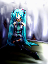 Rule 34 | 1girl, aqua hair, arms behind back, bdsm, bondage, bound, bound ankles, box tie, breast bondage, breasts, gag, gagged, hachikumo, hatsune miku, improvised gag, long hair, rope, solo, tape, tape gag, thighhighs, twintails, very long hair, vocaloid
