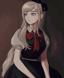 Rule 34 | 1girl, arms at sides, black bow, blonde hair, bow, braid, brown background, cowboy shot, danganronpa (series), danganronpa 2: goodbye despair, dress, french braid, grey eyes, hair bow, hair ornament, highres, looking to the side, parted lips, puffy short sleeves, puffy sleeves, red bow, red neckwear, renshu usodayo, ribbon, shirt, short sleeves, smile, solo, sonia nevermind, upper body, white shirt