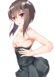 Rule 34 | 10s, 1girl, bare shoulders, blush, breasts, breasts out, brown eyes, brown hair, corset, hair between eyes, henet hene, kantai collection, nipples, open mouth, short hair, small breasts, solo, taihou (kancolle)