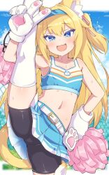 Rule 34 | 1girl, :d, animal ear fluff, animal ears, animal hands, arm up, bare shoulders, belt, bike shorts, bike shorts under skirt, black shorts, blonde hair, blue eyes, blue shirt, blue skirt, blush, breasts, cat ears, cat girl, cat tail, cheerleader, cloud, collarbone, crop top, day, fang, gloves, hair ribbon, hairband, hand on own hip, holding, leg up, long hair, looking at viewer, midriff, miniskirt, navel, open mouth, original, outdoors, paw gloves, pleated skirt, pom pom (cheerleading), ribbon, shirt, shorts, shorts under skirt, skin fang, skirt, sky, small breasts, smile, solo, split, standing, standing on one leg, standing split, sweat, tail, thighhighs, two side up, ug (nekonekodou), v, white thighhighs