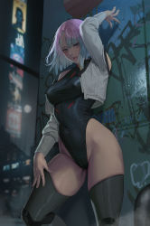 Rule 34 | 1girl, against wall, alley, arm up, black leotard, black thighhighs, breasts, cameltoe, city, covered erect nipples, covered navel, cropped jacket, cyberpunk (series), cyberpunk edgerunners, eyeliner, graffiti, hand on own thigh, heattech leotard, highleg, highleg leotard, highres, jeneral, leotard, looking at viewer, lucy (cyberpunk), makeup, medium breasts, multicolored hair, night, parted lips, red eyeliner, short hair, solo, thighhighs, turtleneck