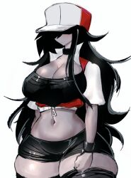 Rule 34 | 1girl, black hair, bracelet, breasts, choker, cleavage, creatures (company), crop top, friday night funkin&#039;, game freak, genderswap, genderswap (mtf), hat, huge breasts, jacket, jewelry, long hair, messy hair, midriff, navel, nintendo, open clothes, open jacket, pokemon, short shorts, shorts, sidelocks, steven (pokemon strangled red), thick thighs, thighhighs, thighs, usa37107692, wide hips, zettai ryouiki