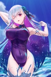 Rule 34 | 1girl, armpits, arms up, bare shoulders, blue hair, blue one-piece swimsuit, blue sky, blush, body markings, bracelet, breasts, covered navel, earrings, ex saki, fate/grand order, fate (series), flower, hair flower, hair ornament, hair ribbon, highleg, highleg swimsuit, highres, jewelry, kama (fate), kama (swimsuit avenger) (fate), kama (swimsuit avenger) (third ascension) (fate), large breasts, long hair, looking at viewer, lotus, multicolored hair, nail polish, ocean, one-piece swimsuit, one eye closed, red eyes, ribbon, silver hair, sky, smile, solo, star (symbol), star earrings, swimsuit, thighs, two-tone hair, wading