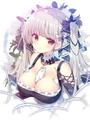 Rule 34 | 1girl, azur lane, black bow, bow, breasts, cleavage, closed mouth, collarbone, earrings, expressionless, formidable (azur lane), grey hair, hair bow, jewelry, large breasts, long hair, looking at viewer, mitsumomo mamu, red eyes, solo, stud earrings, twintails, upper body