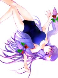 Rule 34 | 1girl, competition school swimsuit, crescent, crescent hair ornament, female focus, hair ornament, ikamagu, ikmg, long hair, one-piece swimsuit, patchouli knowledge, purple eyes, purple hair, ribbon, school swimsuit, solo, swimsuit, touhou, upside-down